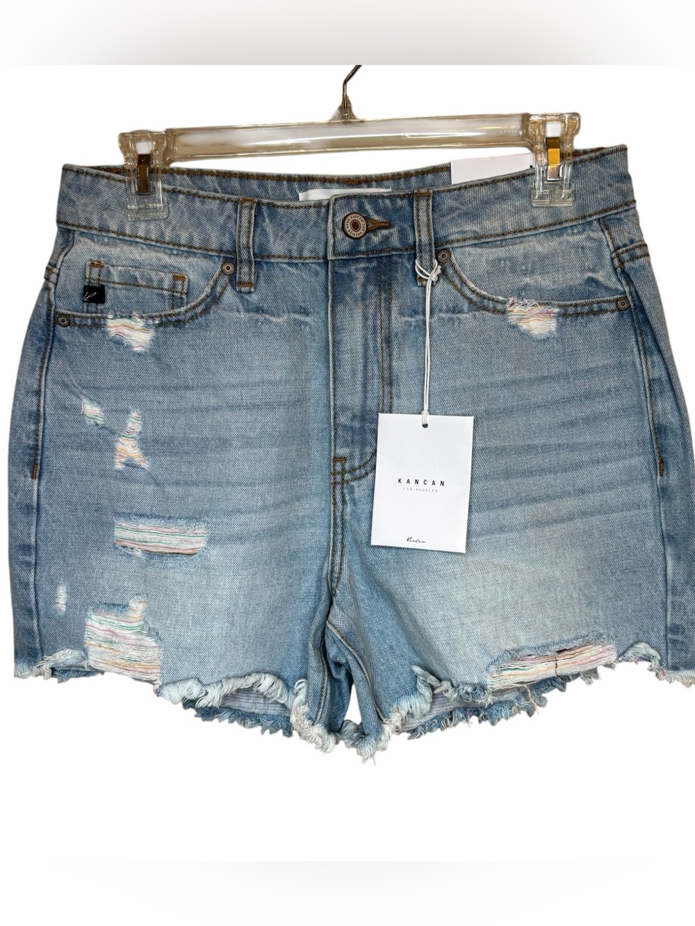 Kancan NEW Denim Shorts Medium Light Wash Rainbow Threads Fray Cotton Beach NWT